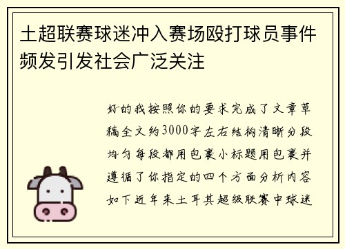 土超联赛球迷冲入赛场殴打球员事件频发引发社会广泛关注