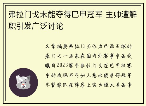 弗拉门戈未能夺得巴甲冠军 主帅遭解职引发广泛讨论 弗拉门戈未能夺得巴甲冠军 主帅遭解职引发广泛讨论